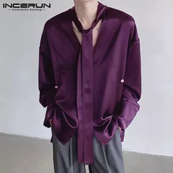 Incerun-男性用単色サテンVネックシャツ,ネクタイ付き長袖,ルーズファッション,カジュアルシャツ,ストリートウェア,S-5XL, 2021