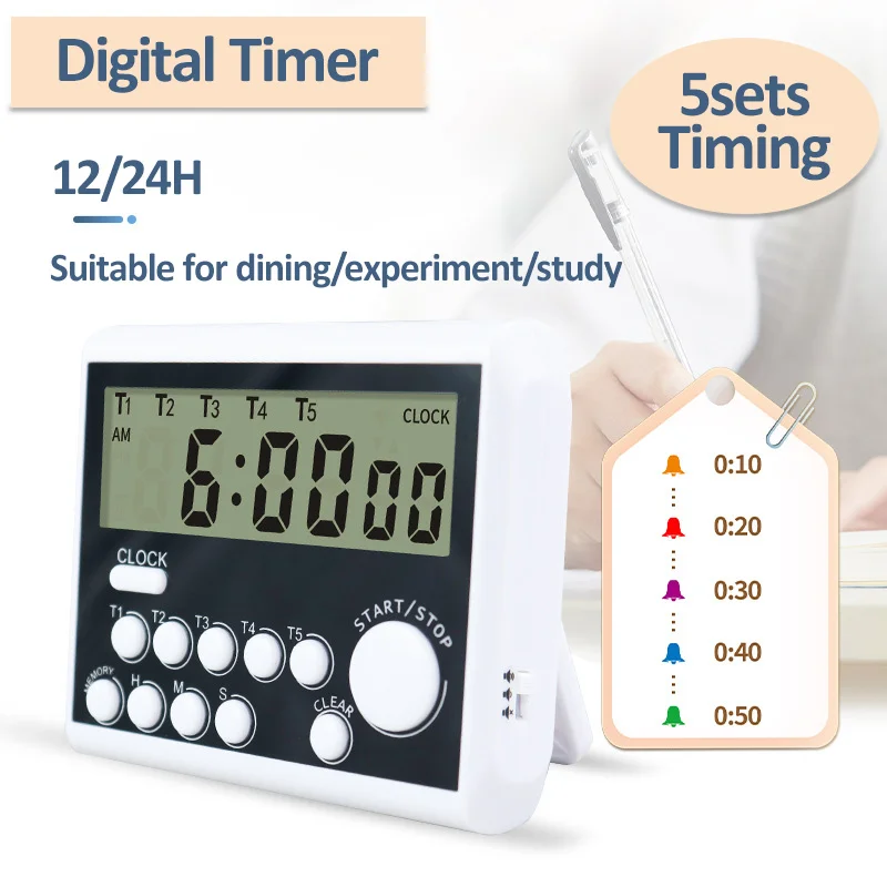 LCD Digital Kitchen Timer 4/5 Channels Count UP/Down Cooking Timer 12/24H 3-Levels Volume Alarm Clocks Reminder Stopwatch