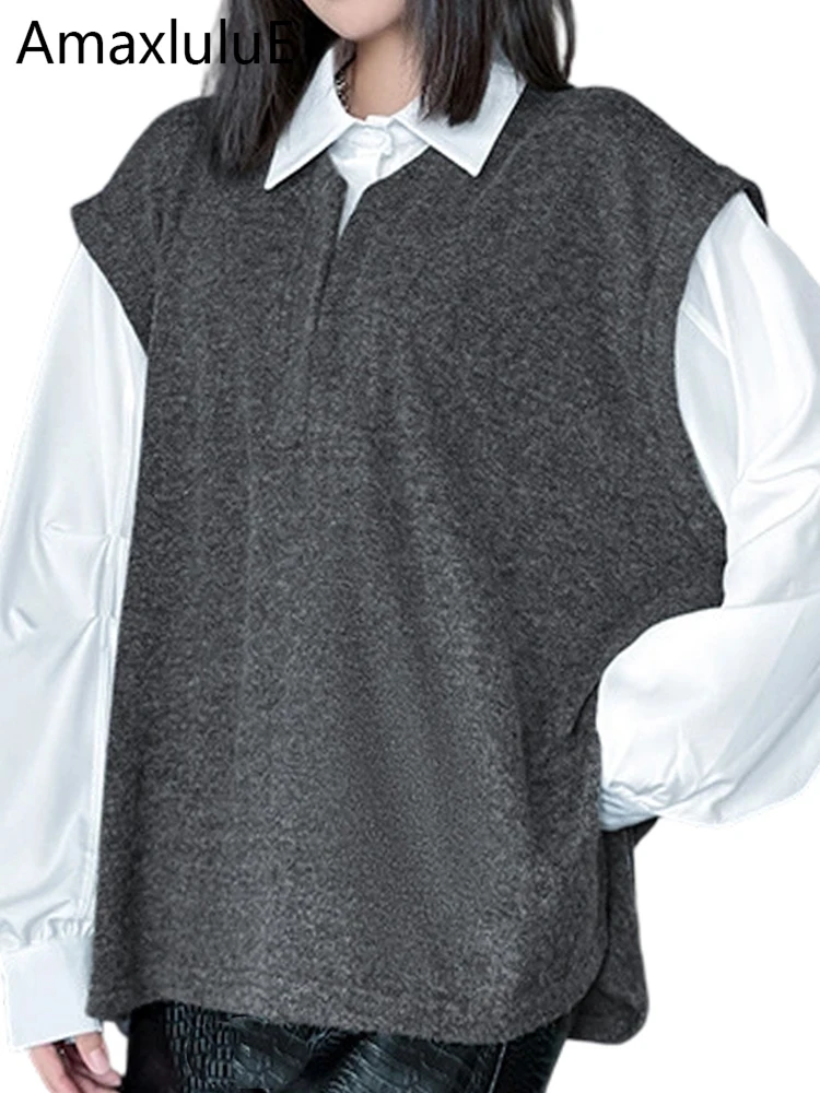 

Amax LuluE зимние поддельные джемперы из 2 предметов, дизайнерские джемперы, женские модные повседневные свободные теплые свитера, женский классический корейский лоскутный пуловер