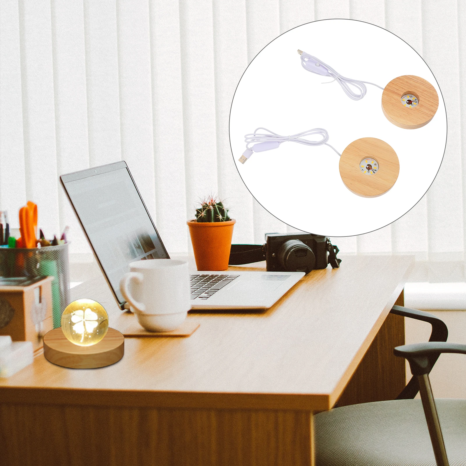 Base de pantalla de luz LED de madera, soporte de esfera de cristal alimentado por USB, Base de pantalla LED de ambiente suave y cálido, 2 uds.