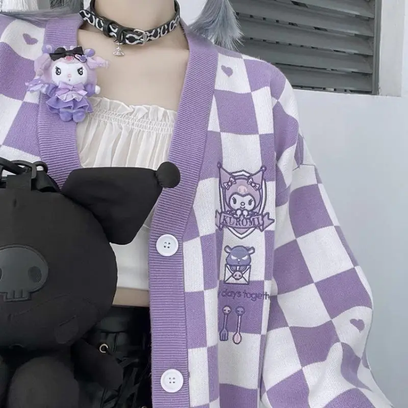 Kawaii Sanrio Kuromi sweter w kratę sweter w stylu Cute Cartoon moja melodia Cinnamoroll Girl płaszcz z dzianiny najlepsze Anime prezent urodzinowy