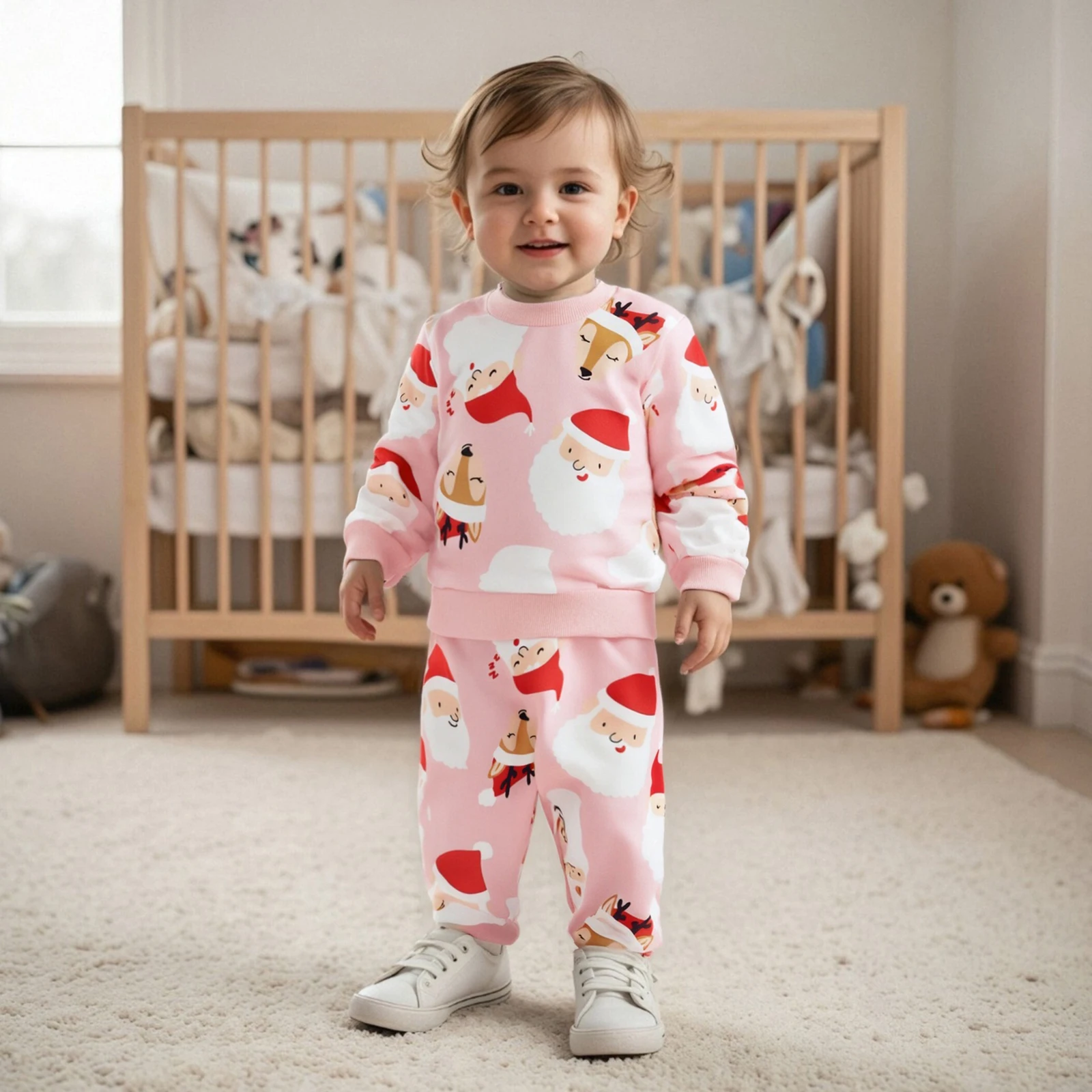 2026 السنة الجديدة طفل فتاة ملابس عيد الميلاد سانتا/القوس طباعة كم طويل الرقبة المستديرة البلوز مرونة الخصر السراويل الطويلة 2 قطعة مجموعة