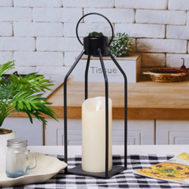 Two-piece Modern Farmhouse Lantern Decoration Two-piece Set-black Metal Christmas Candle Lantern-lantern Decoration W/ Timer Flashing Candle Is Used for Living Room, Home, Indoor, Outdoor, Table and Fireplace Cover Decoration