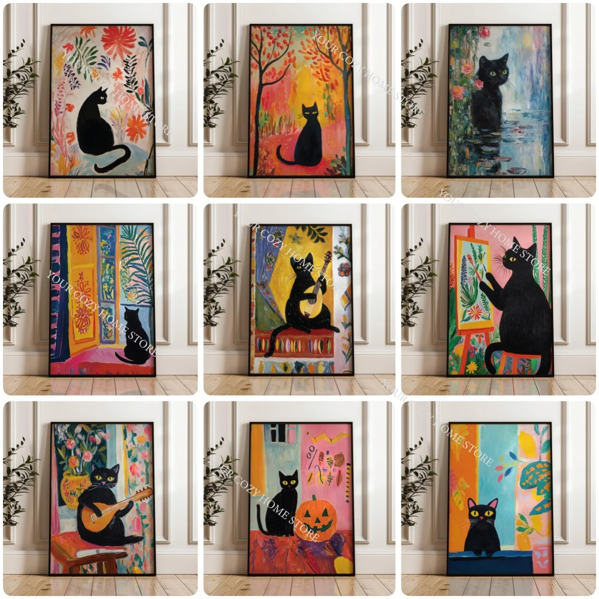 Matisse Style Black Cat Wall Art Prints, Funny Colorful Cat Canvas Poster, Gallery Wall Set, Maximalist Home Decor for Bedroom