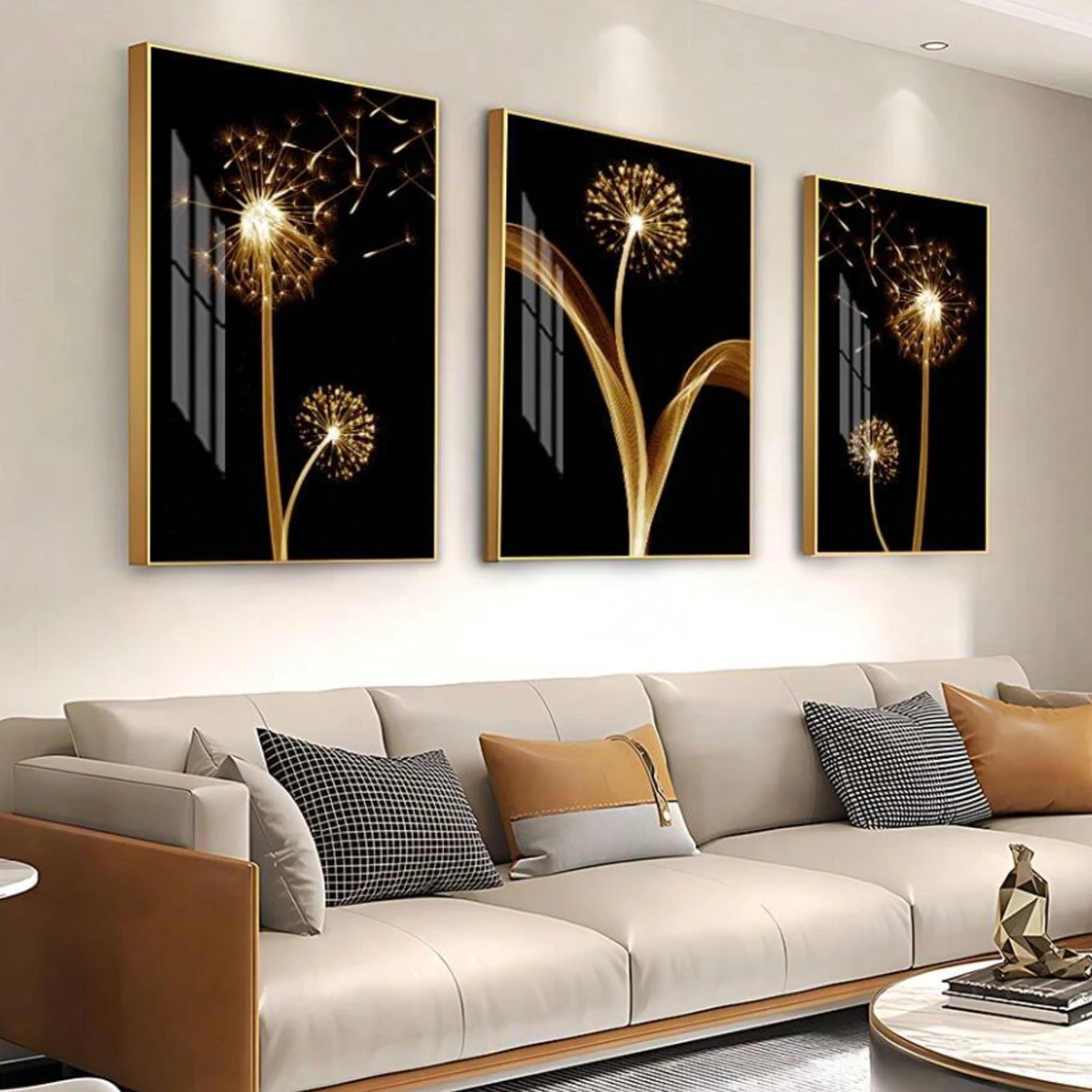 3pcs Abstract Golden Dandelion Luxury Wall Art Canvas Painting, Suitable For Living Room Painting Decor, Unframed, Poster Gifts