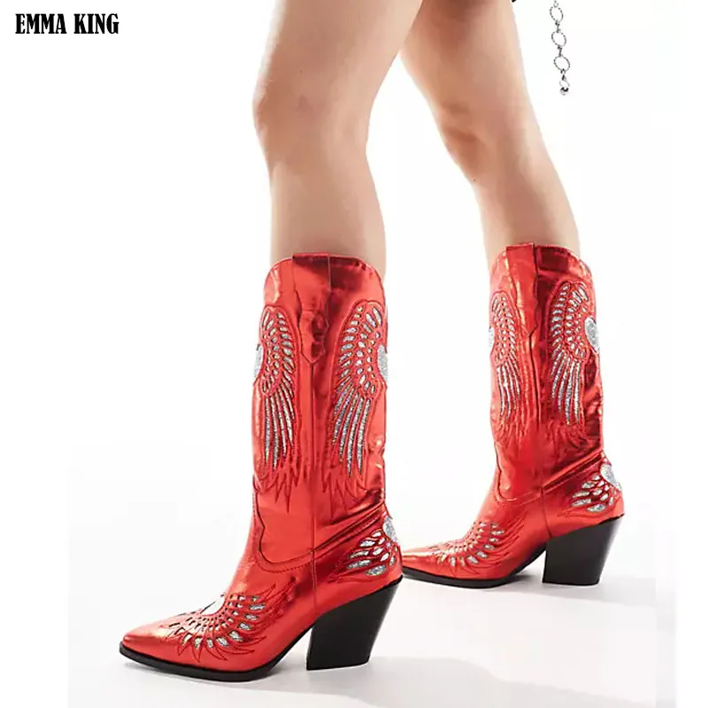 Women Red Western Boots Flower Print Block Heels Embroidered Mid Calf Boots Slip-on Shoes Ladies 35-44 Designer