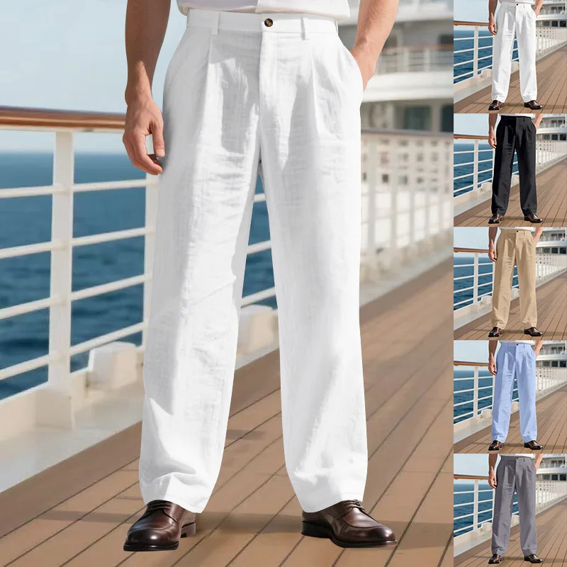 

Cotton Linen Men's Casual Pants Summer Thin Loose Straight Business Suit Trousers Men High Waist Full Length Pants