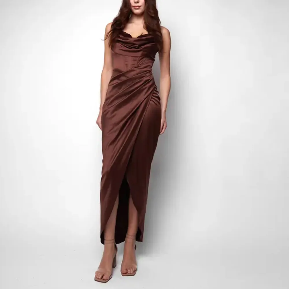 Customized Brown Tea Length فساتين سهرة Spaghetti Strap Cocktail Dresses Pleated Corset Dress Asymmetrical Bodycon