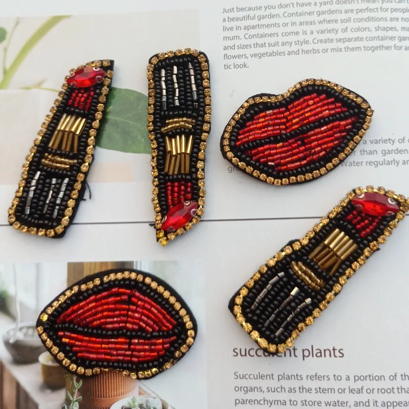 1PC Handmade Beads Red Lipstick Lips Patch DIY Clothing Bags Accessories Sweater Patches for Clothes Decoration Accessories