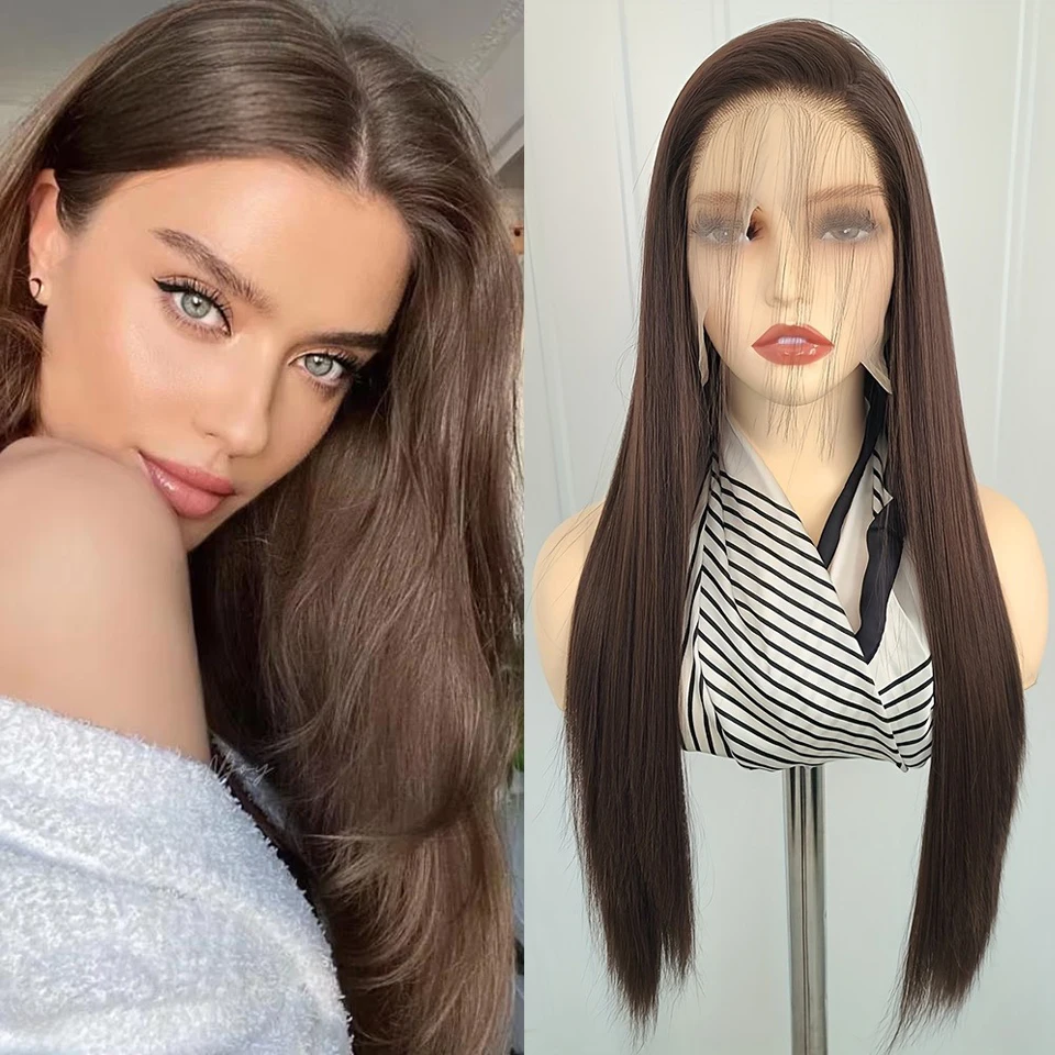 

Charisma Synthetic Lace Front Wigs Chocolate Brown Natural Straight Hair Pre Plucked Hairline Cosplay Lace Wig Natural Looking