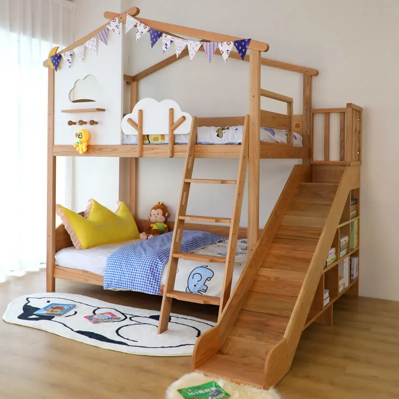Children's bed all solid wood single bed cloud bed small apartment boy  girl princess castle  slide on and off