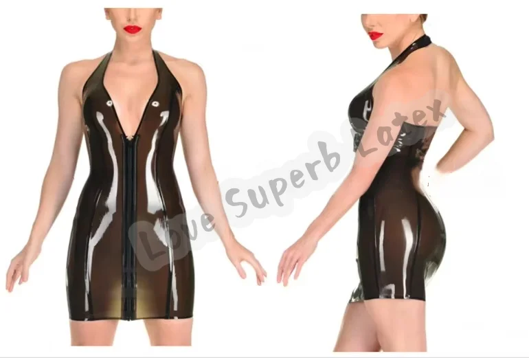 

Natural Latex Rubber Gummi Catsuit Women Transparent Dress Sleeveless Neck Halter Mini Dress Gummi with Front Long Zip