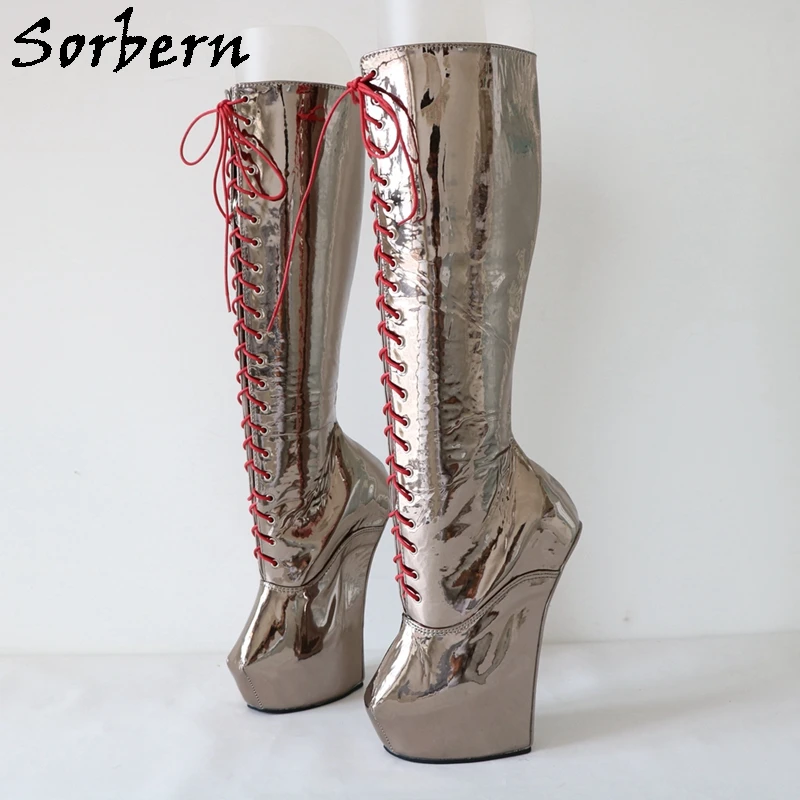 Sorbern Grey Heavy Hoof Heelless Boots Knee High Thick Platform Custom Wide Fit Heels Sexy Fetish Boots Unisex Role Play Boots