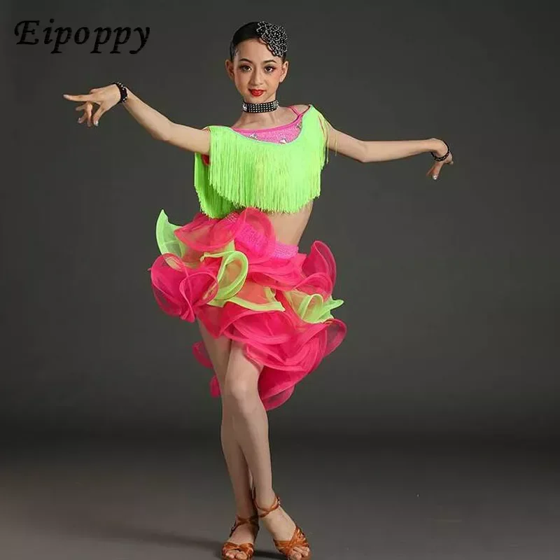 Modern Latin Sequined Ballroom Party Dancing Dress Child Dancing tutu dress clothes For Girls