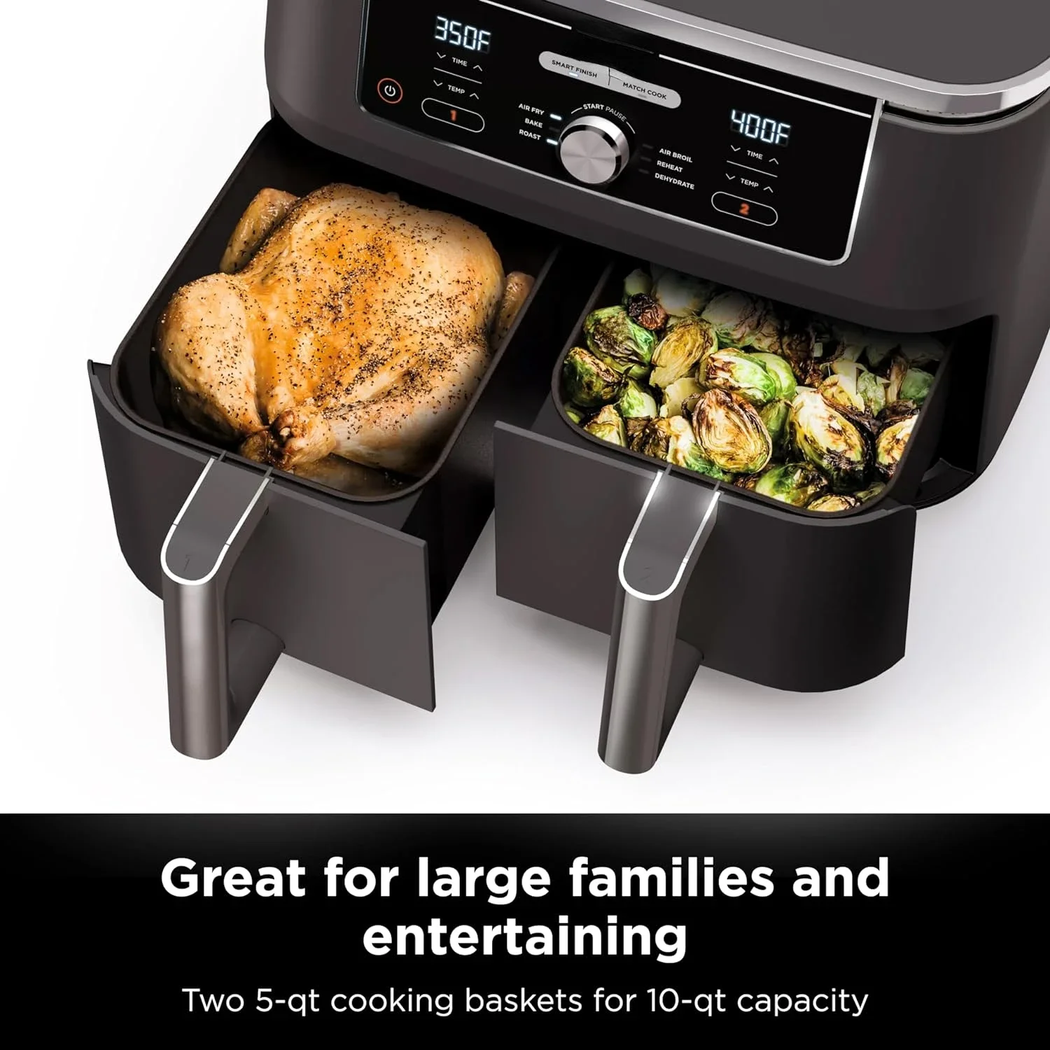 Air Fryer with 2 Independent Frying Baskets, Match Cook & Smart Finish to Roast, Broil, Dehydrate for Quick