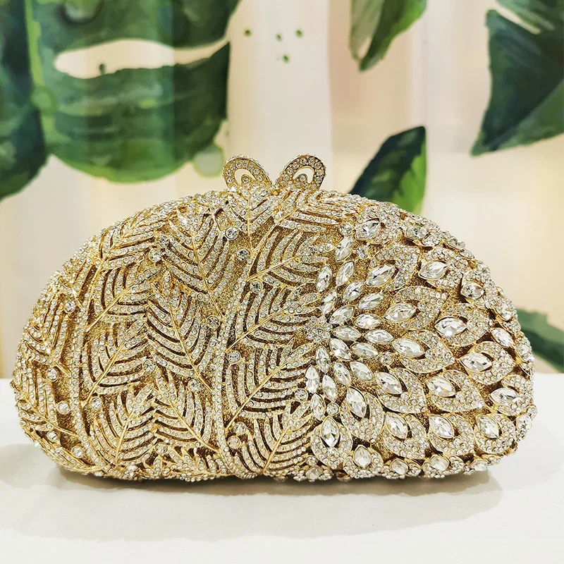 White Rhinestone Purse Leaves Gold Metal Crystal Clutch Bag Evening Purses Diamond Shell Shape Women’s Chain Shoulder Handbags