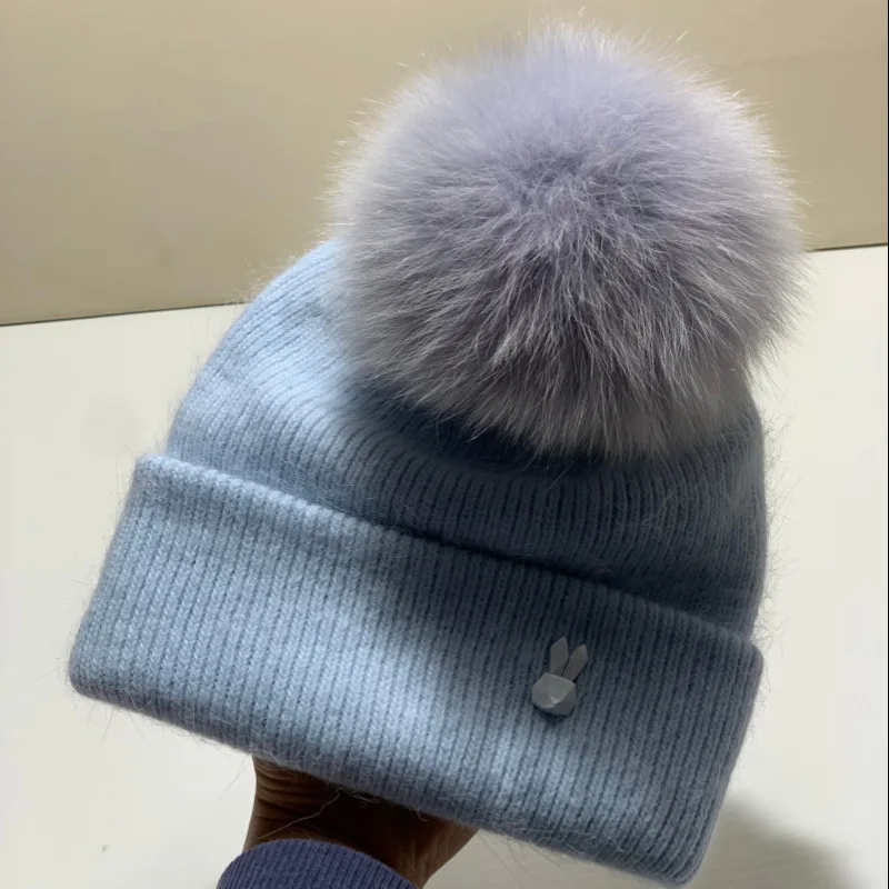 

Hat Women Winter Knit Beanie Pompom Of Real Fox Fur Warm Skiing Accessory For Autumn Sports Outdoors
