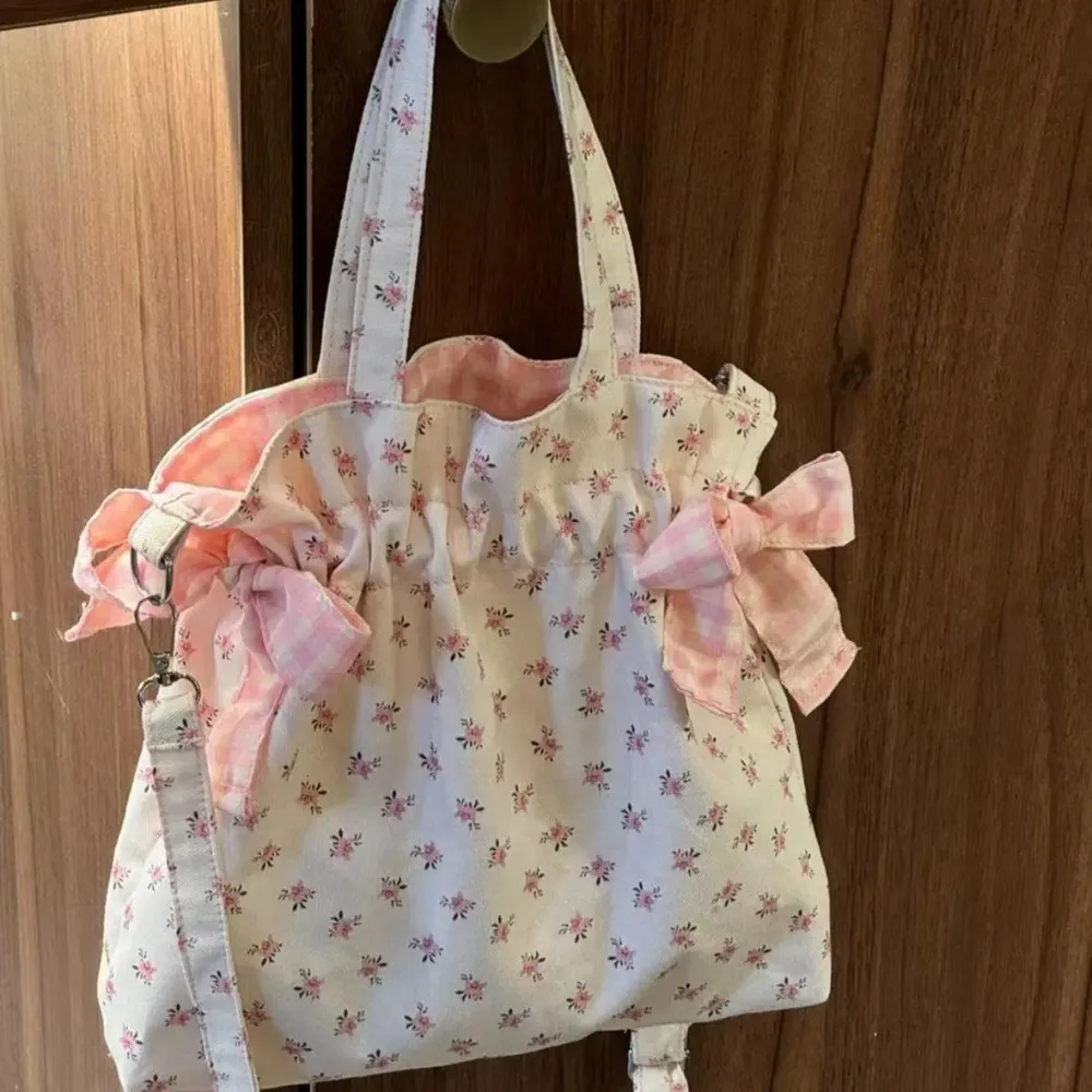 

New Flower Print Tote Bag Sac Femme Drawstring Lace-up Bow Hand Bags Shoulder Crossbody Bolso Large Capacity Bolsos De Mujer