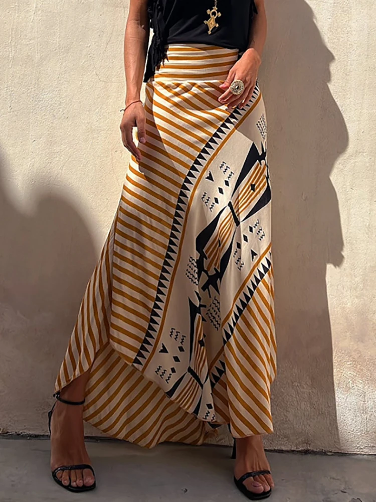 Boho Retro Patchwork Print Skirt Women 2023 Summer High Waist A-Line Elastic Long Skirts Casual Holiday Beach Skirt Dropshipping