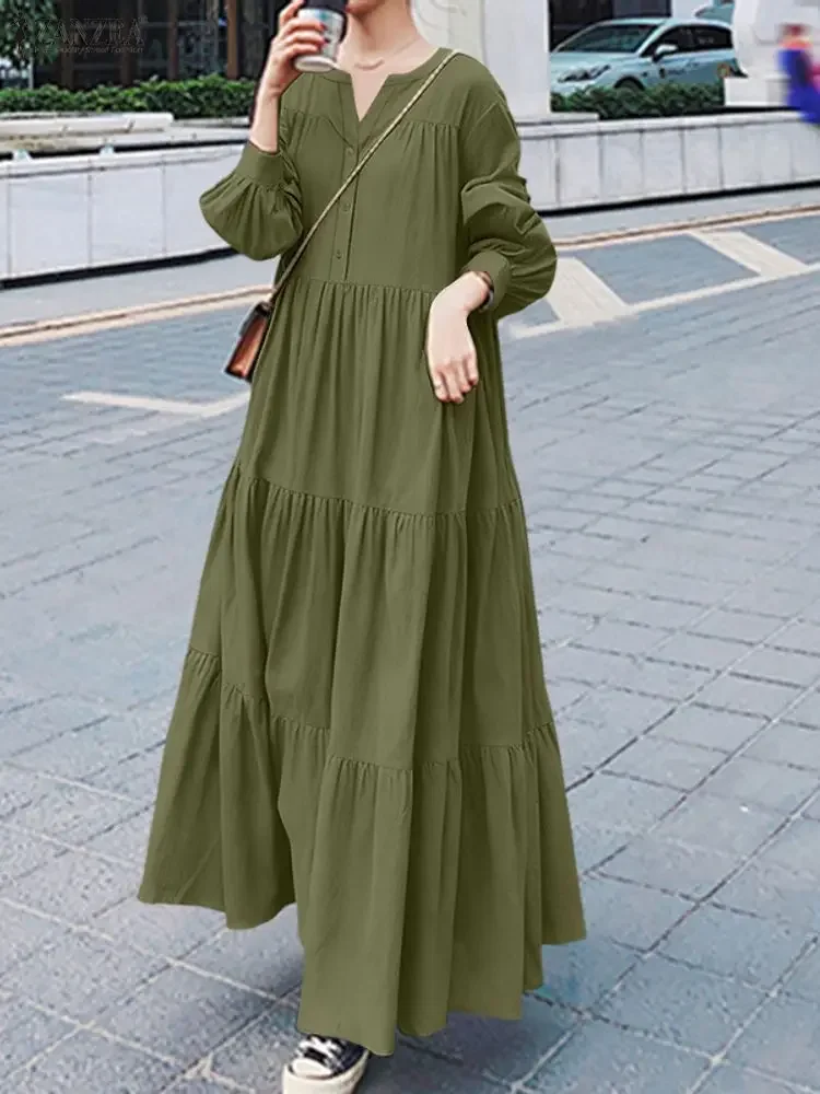 

ZANZEA Women Causal Tiered Long Dresses Autumn Long Sleeve V-Neck Half Buttons Solid Color A-Line Maxi Dress Woman Clothes S-3XL