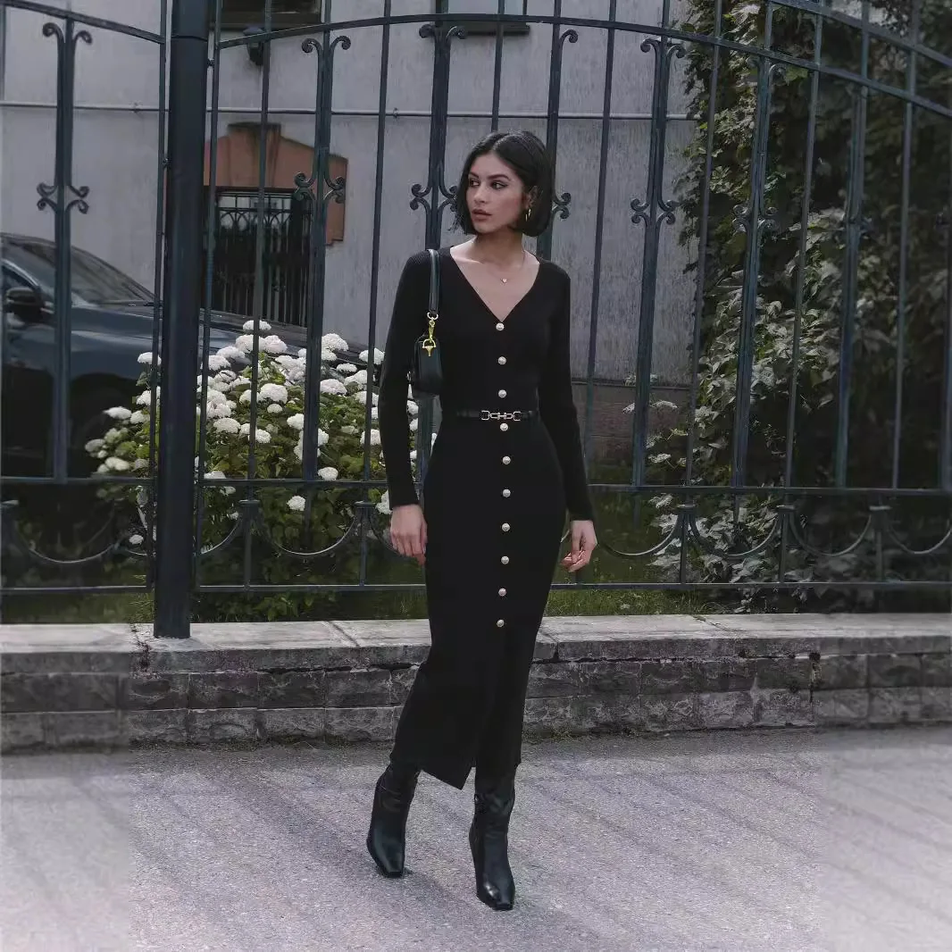 فستان نسائي محبوك بقصة ضيقة بفتحة رقبة على شكل حرف V ، فستان سترة بأكمام طويلة ، بصف واحد ، فتحة ، أحادي اللون ، خريف وشتاء ، جديد #5