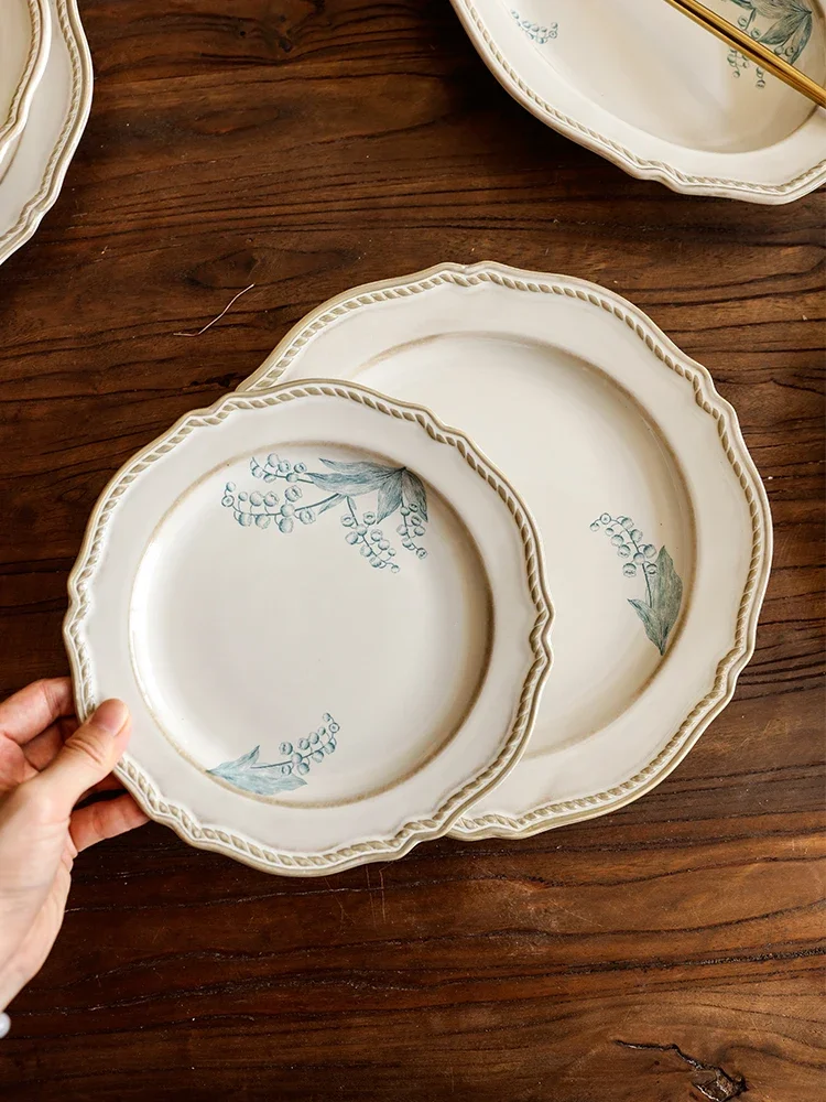 French lily of the valley retro plate household bowl set combination housewarming gift western steak  relief ceramic plate