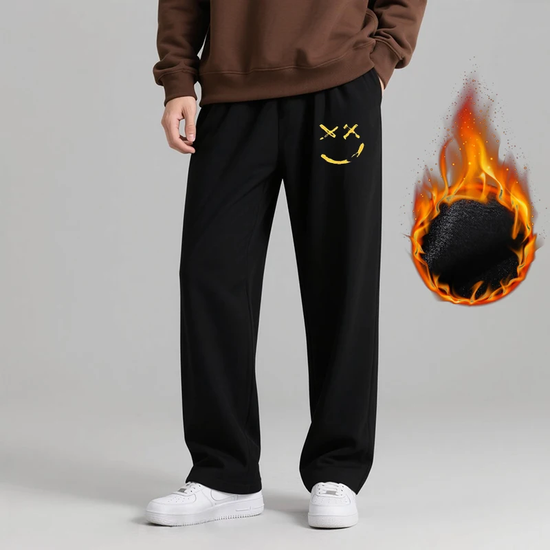 Plus Size Men Fleece Pants Winter Black Warm Plush Lining Cotton Printed Long Trousers 5XL 6XL 7XL 100-200kg Big Size Clothing