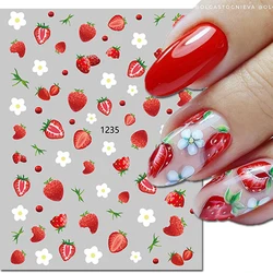 Calcomanías 3d para decoración de uñas, adhesivos deslizantes para manicura, pétalos blancos, flores, fresas y frutas