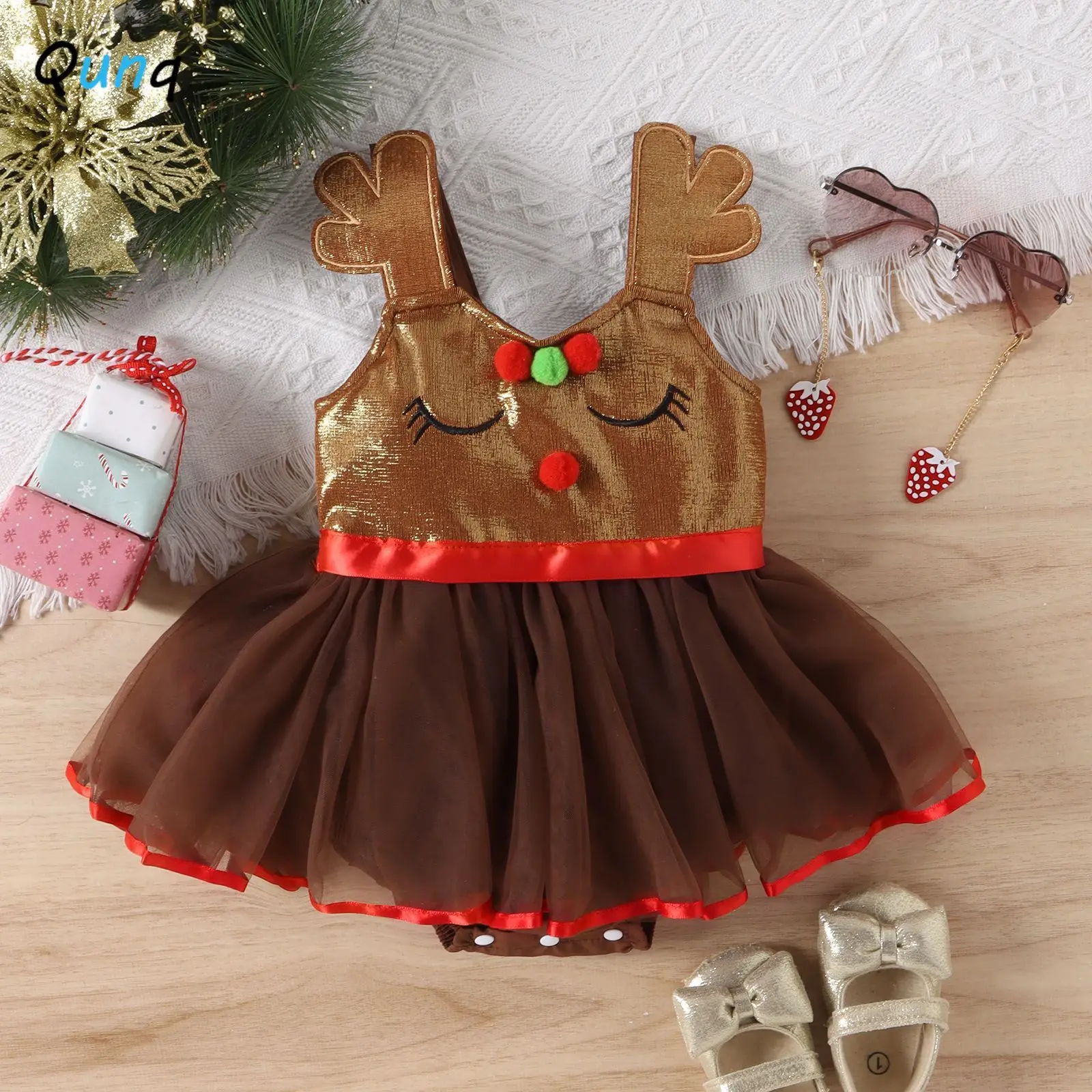 

Qunq 2023 Autumn Winter Baby Girls Halloween Costume Cartoon Elk Sequin Mesh Splice Romper Dress Casual Kids Clothing Age 1T-3T