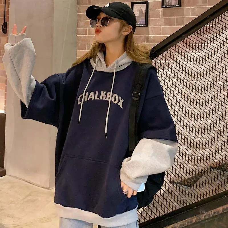 Femmes lettre imprimer sweats à capuche pull décontracté mode coréenne à manches longues Patchwork Style Preppy faux 2 pièces sweat à capuche hauts