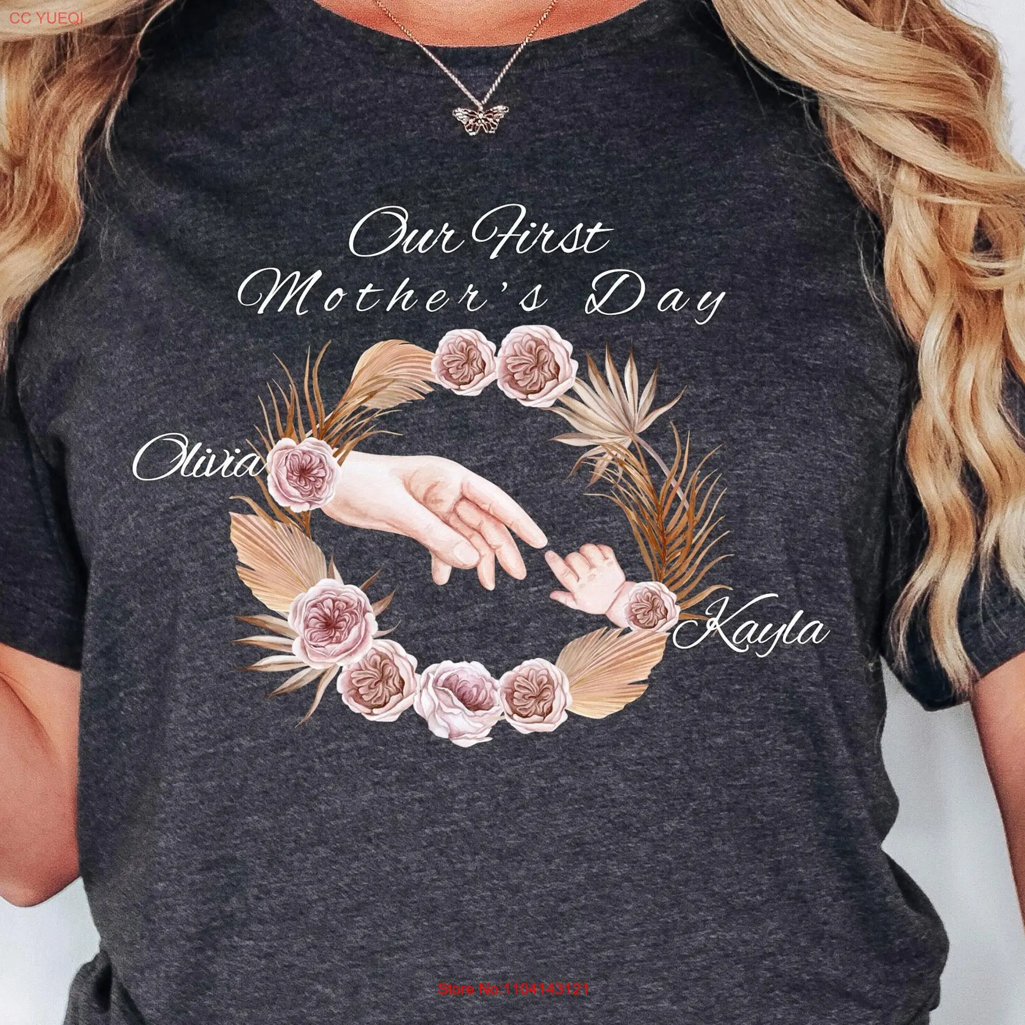 Our First Mother's Day T Shirt Mothers Holding Hands Matching Personalized Name  long or short sleeves