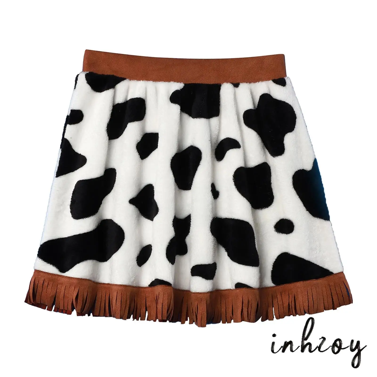 

Girls Halloween Party Cowgirl Cosplay Costume Contrast Color Elastic Waistband Suede Tassel Flannel Skirt Roleplay Masquerade