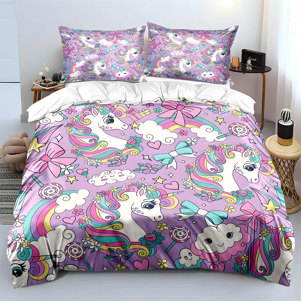 3pcs Dreamy unicorn and pink bow Print Bedding Set 1 Duvet Cover 2 Pillowcases for Adult and Children Luxury Gift Full Size