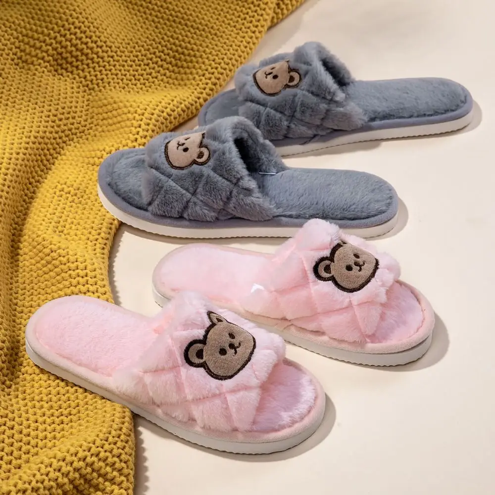 

Casual Fluffy Bear Slippers Cartoon Thicken Warm Slippers Winter Open-toe Anti-Slip Flat Shoes Men Women