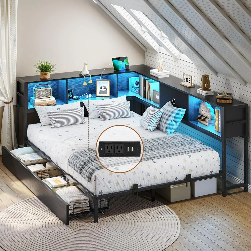 Full Corner Bed Frame with Bookcase Storage Metal Platform Bed Frame with Storage Drawers & Charging Station Full Size Daybed
