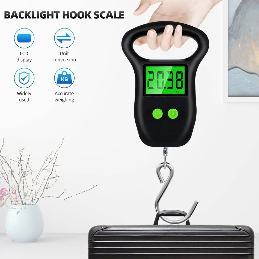 

Portable Hand Held Digital Luggage Scale 50Kg 10g Fish Hook Hanging Scale Measuring Tape BackLight LCD Display Weighting Tool