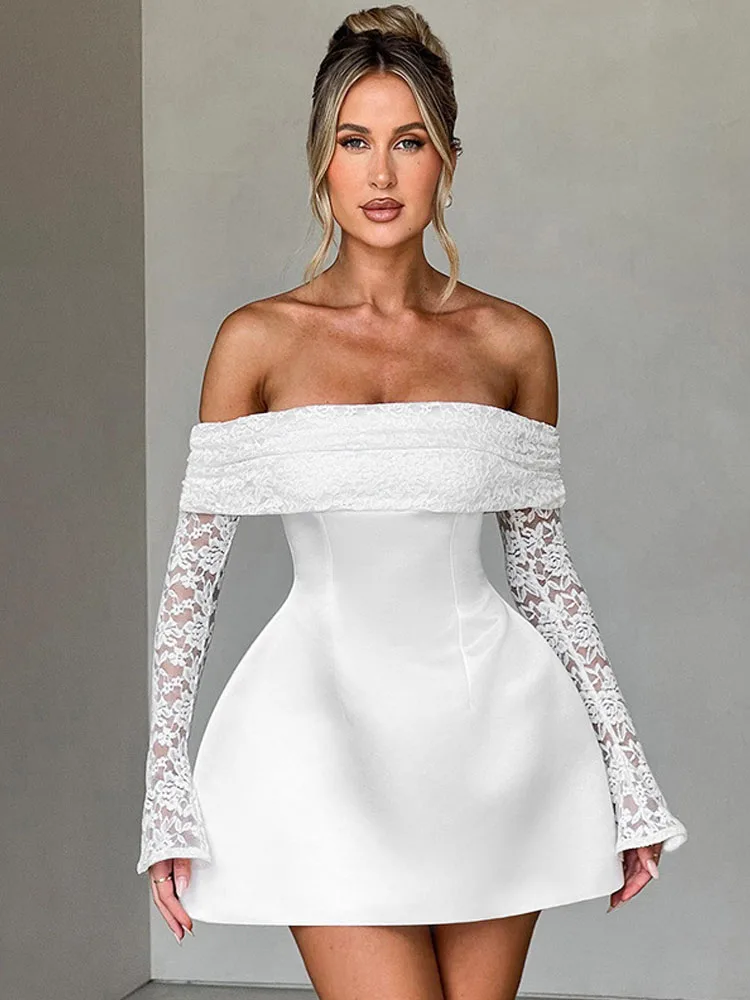 Spitze Patchwork Sexy Off Schulter Mini Kleid Frauen Herbst Winter Langarm Elegante A-Line Backless Schlank Vestido Party Kleid