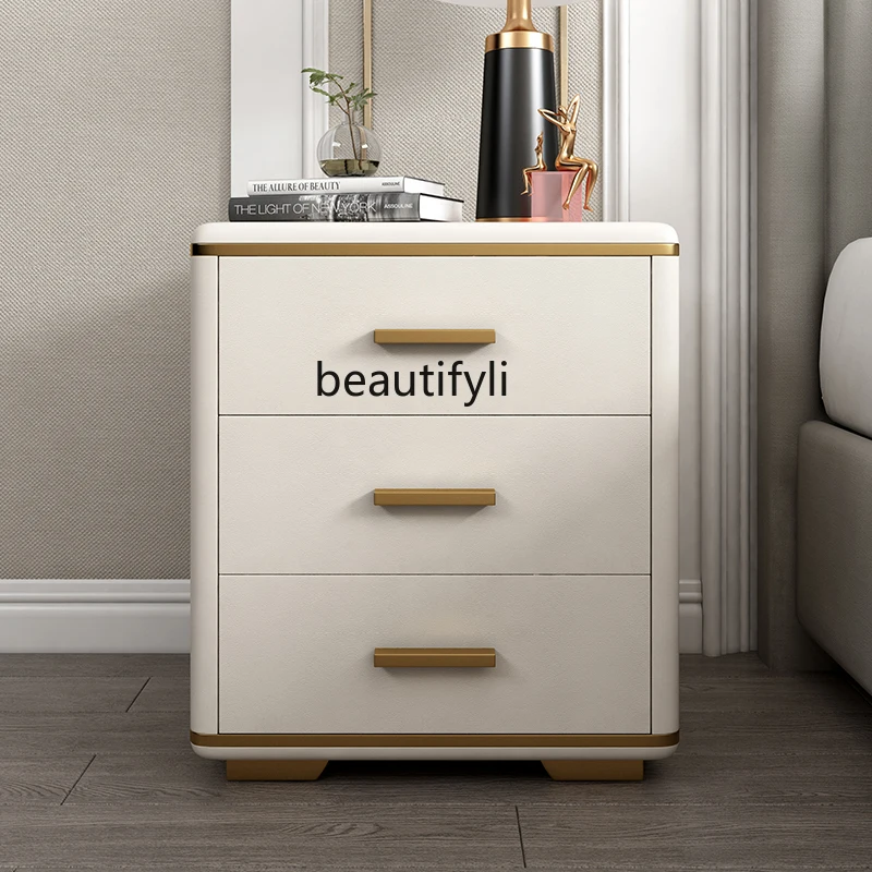 Cream Bedside Table Simple Modern Light Luxury Master Bedroom Storage Organizer Leather Three Drawers Bedside Cabinet