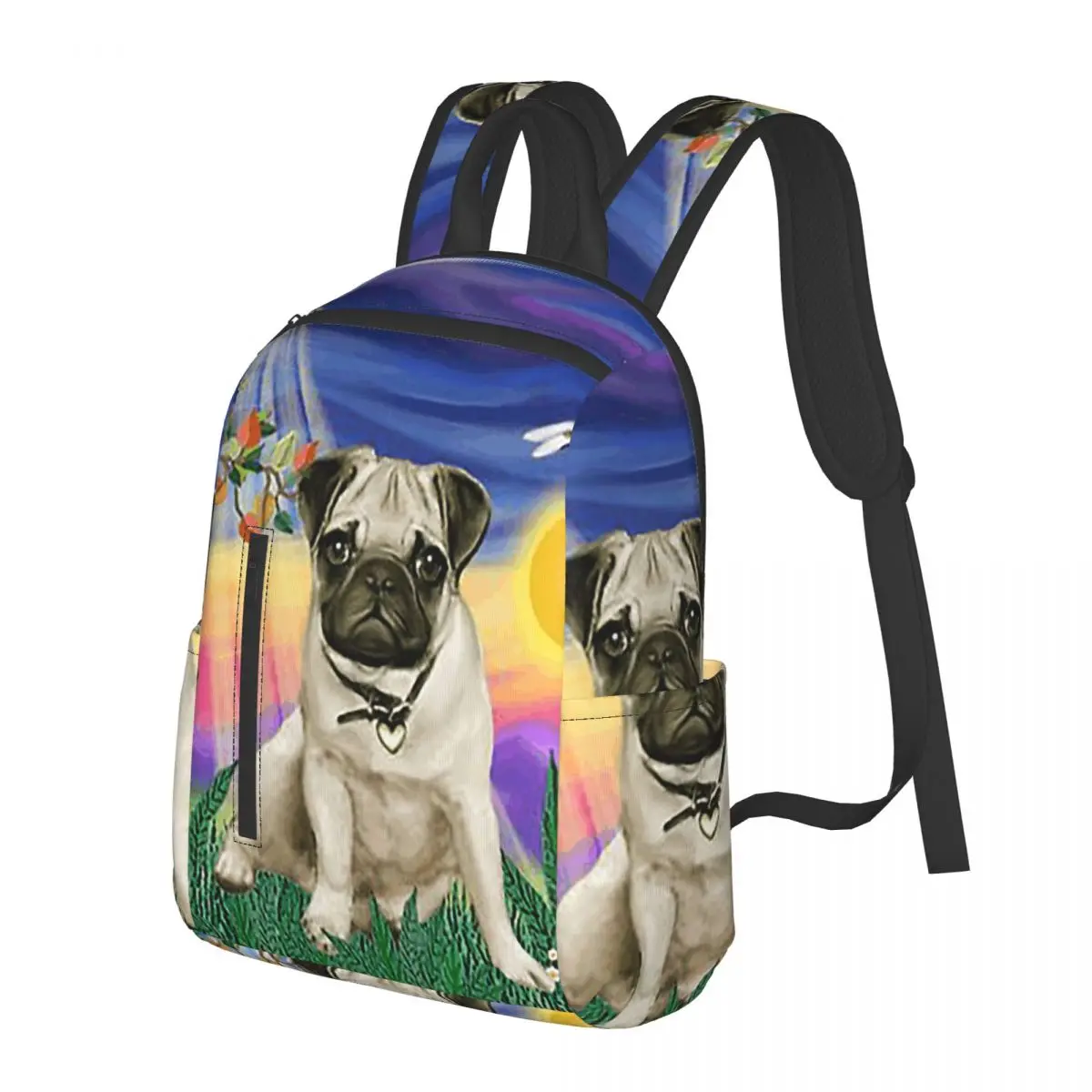 

Twilight With A Pug Student Backpack School Bag Hiking Travel Daypack for Boys Girls Bookbag Shoulder Bags