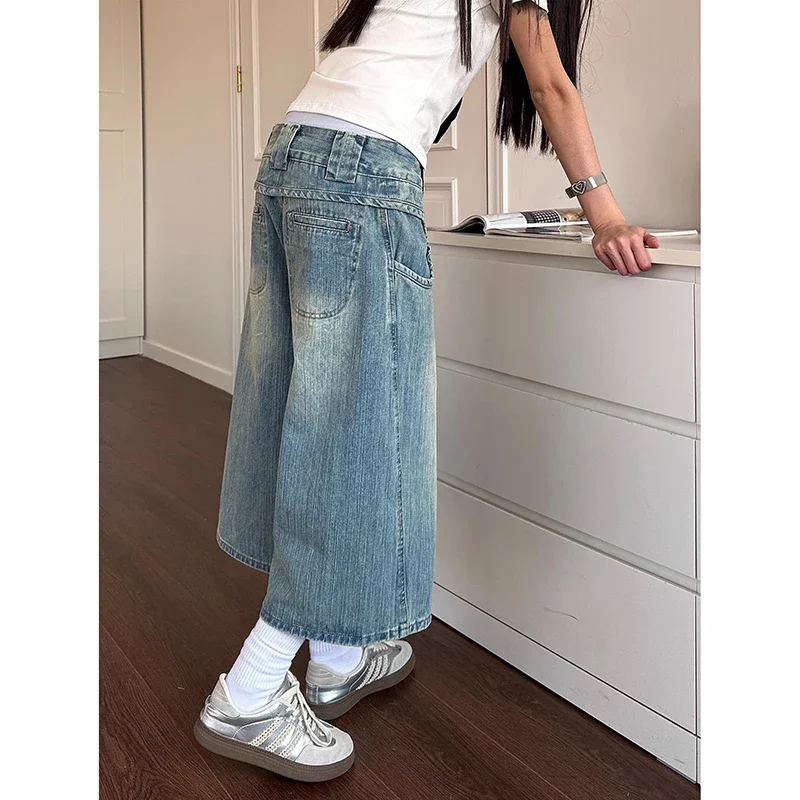 Vaqueros Cargo azules Vintage Y2k de los años 90 para mujer, pantalones cortos holgados de gran tamaño Harajuku, ropa de calle, Capris Retro americano