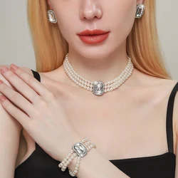 4PC Women's Fashion Light Luxury Short Style Imitation Pearl Turquoise Necklace Earrings Bracelet Jewelry Set Party Festival Gif