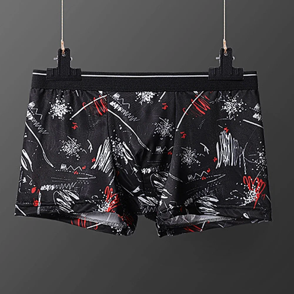 Men\'s Panties Sexy Ice Silk Loose Underwear Print Quick Dry Briefs Bulge Pouch Soft Breathable Underpants Elastic Trunks