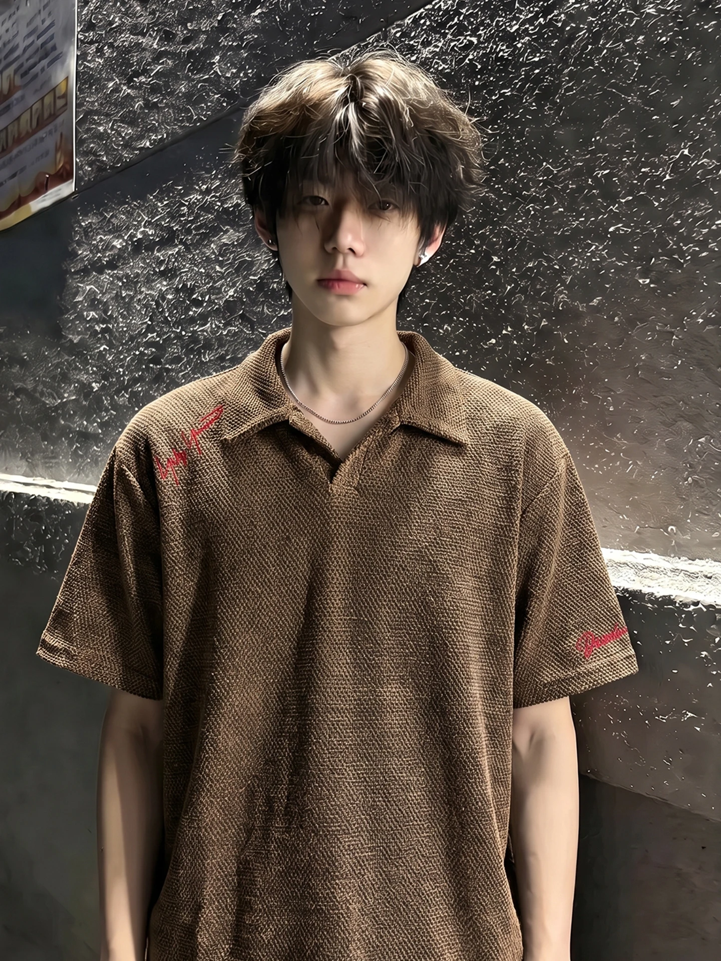 Brown Dragon Scale Pattern Embroidered Short Sleeve  Shirt Men's Summer Breathable T-Shirt Standard Fit Youth Fashion
