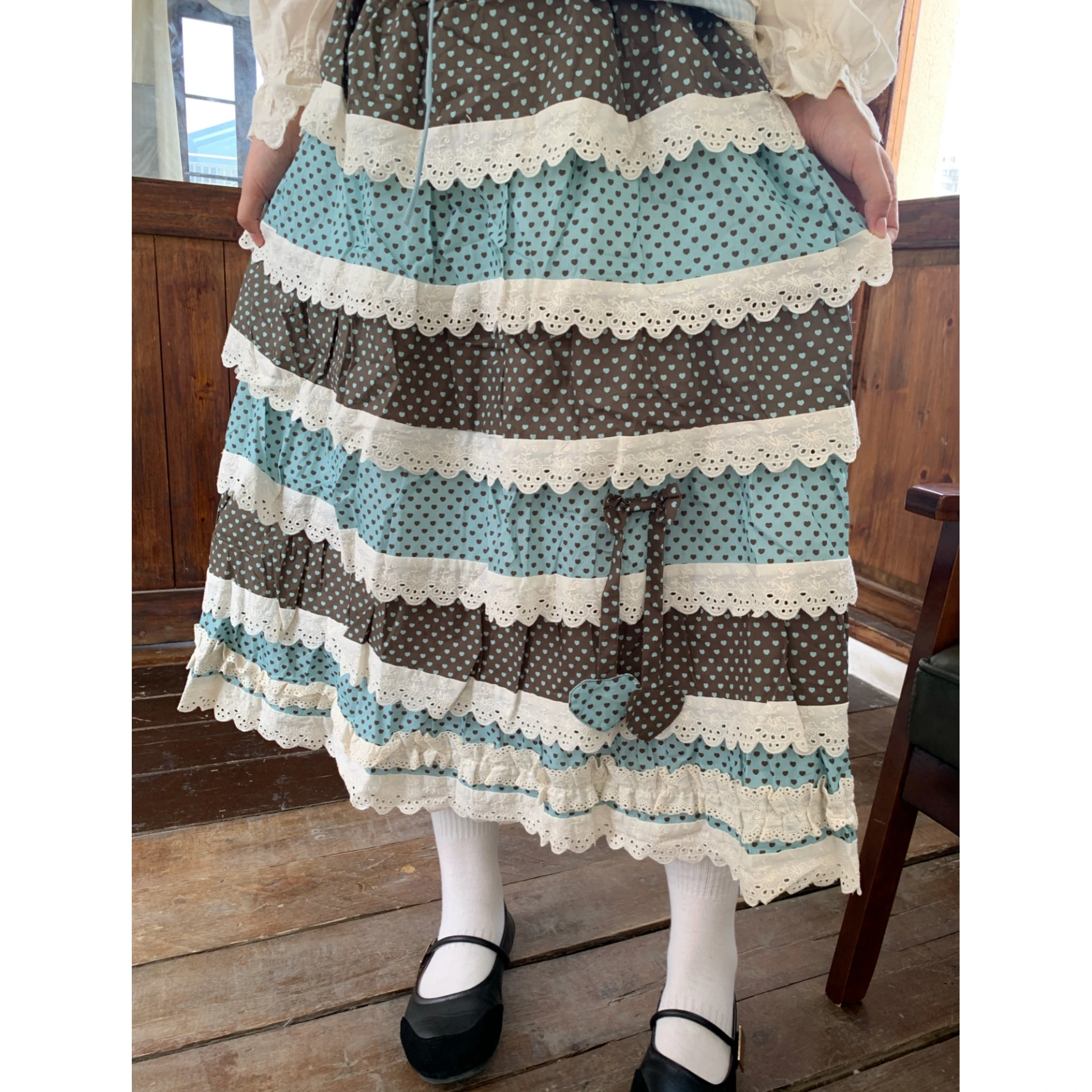 Female Cotton Heart Pattern Lace Mori Girl Y2k Aesthetics Midi Skirt 2026 Vintage Korean Harajuku Sweet Lolita Kawaii Long Skirt