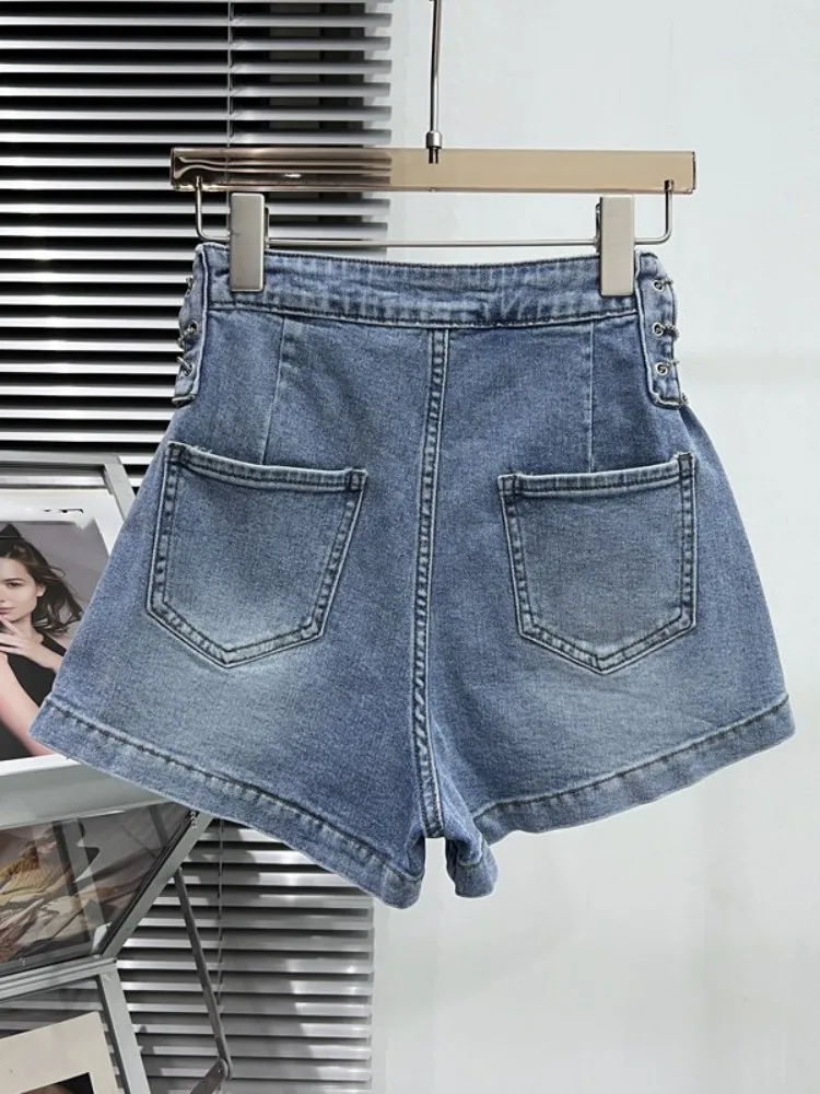 Fashion Chain High Waist Women Denim Shorts Button Fly Summer Sexy Mini Hotpants High Street Casual Wide Leg Short Jeans Female