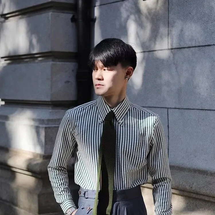 Italian Retro Men's Business Casual Shirt Green Brown Striped Slim Long Sleeve Shirt British Spring Autumn Men Dress Shirt