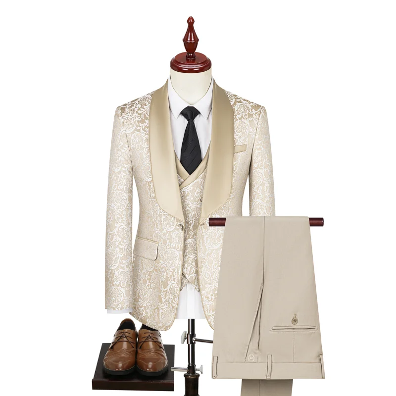 (Spring 2024) Wedding Fashion (suit + Vest + Trousers) Fashion Three-piece Wedding Dress with High Density Jacquard Polyester