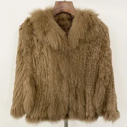 Autumn Winter Knitted Shawl Real Rabbit Fur Coat 2024 Winter New Natural Real Rabbit Fur Coat Natural Fox Fur Collar Fur Jacket