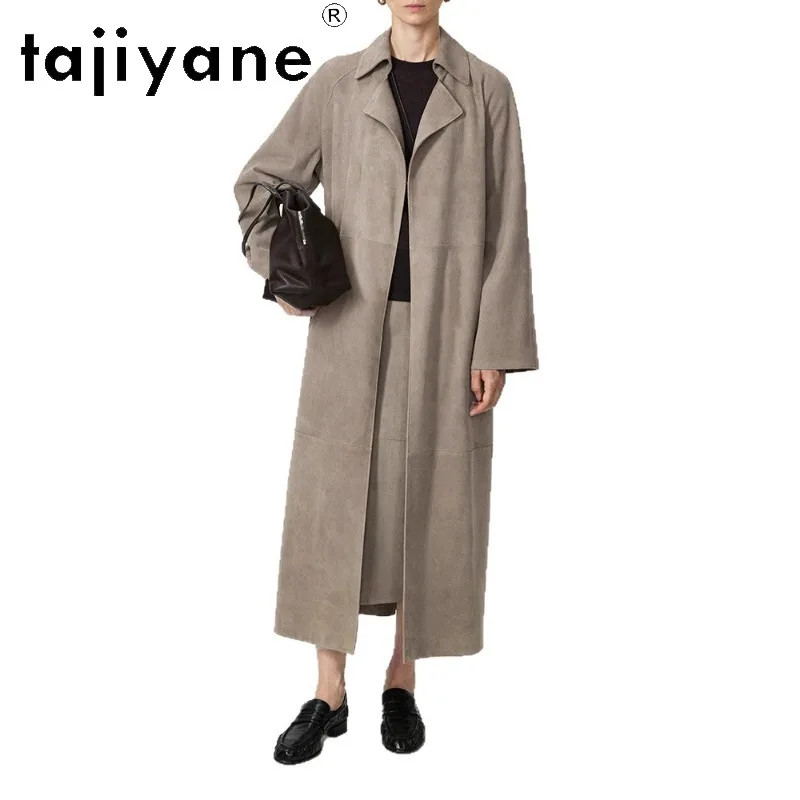TAJIYANE Double-Sided Goat Suede Genuine Leather Jacket Women Long Trench Coat Belted Jackets Chic Maxi Leather Outerwear 126cm