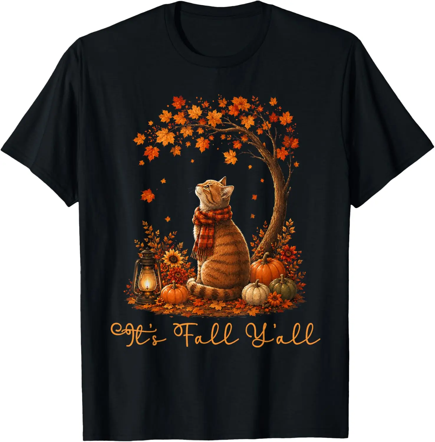 Cat Leaf Tree Hello Autumn Thanksgiving It's Fall Y'all T-Shirt